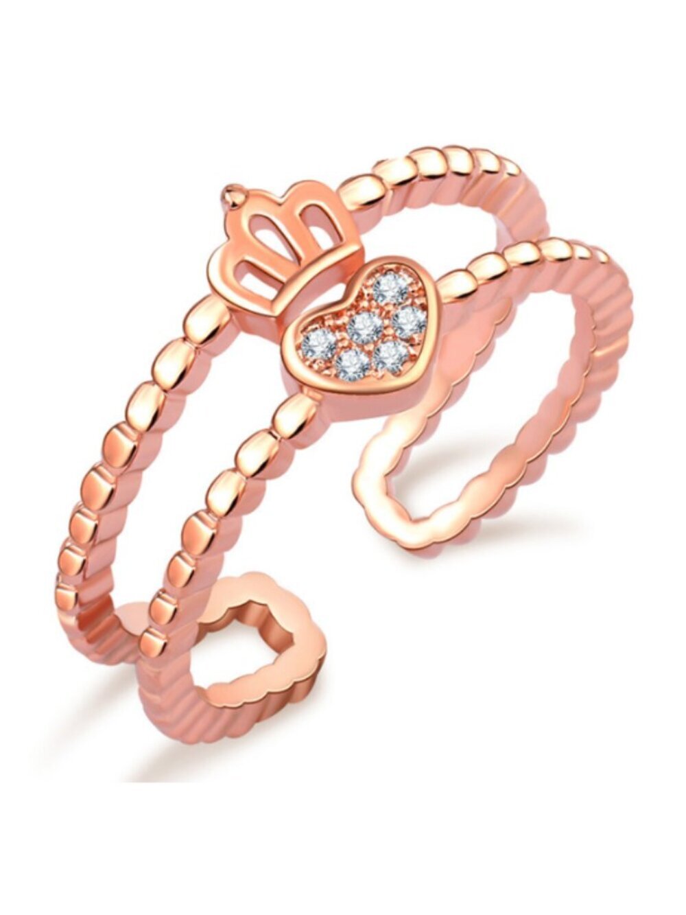 Crown Heart Crystal Rose  Gold Size Adjustable Ring